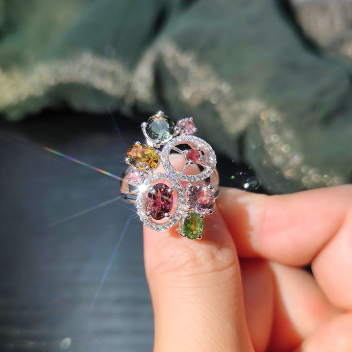 925 Sterling Silver Colorful Bubble Gem Ring â€?Natural Tourmaline Multi-Stone Design Pearl Unique