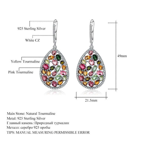 Natural Tourmaline Drop Earrings â€?Multicolor Gemstone 925 Sterling Silver Vintage Teardrop Design Pearl Unique
