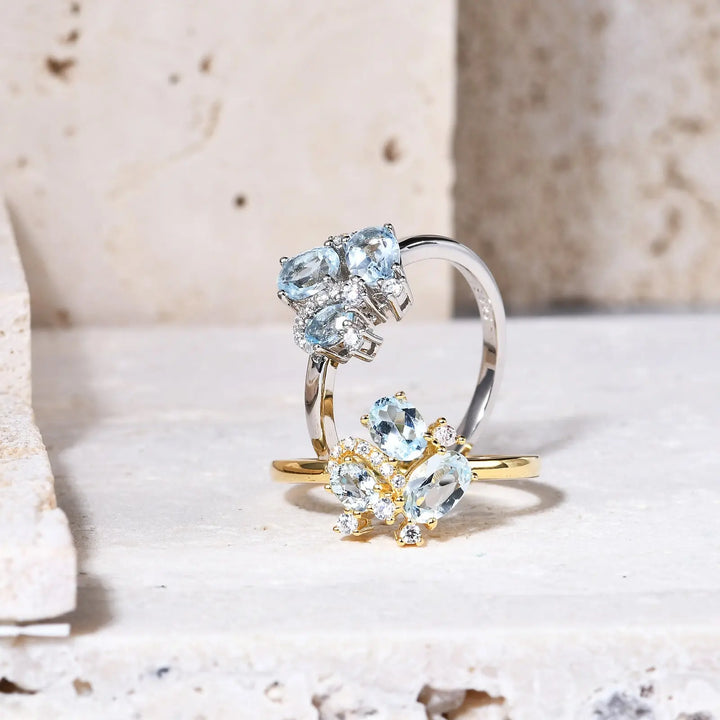 18K Gold Natural Blue Topaz Ring â€?Dainty Gemstone Cluster Ring (9K/10K/14K/18K Options) Pearl Unique