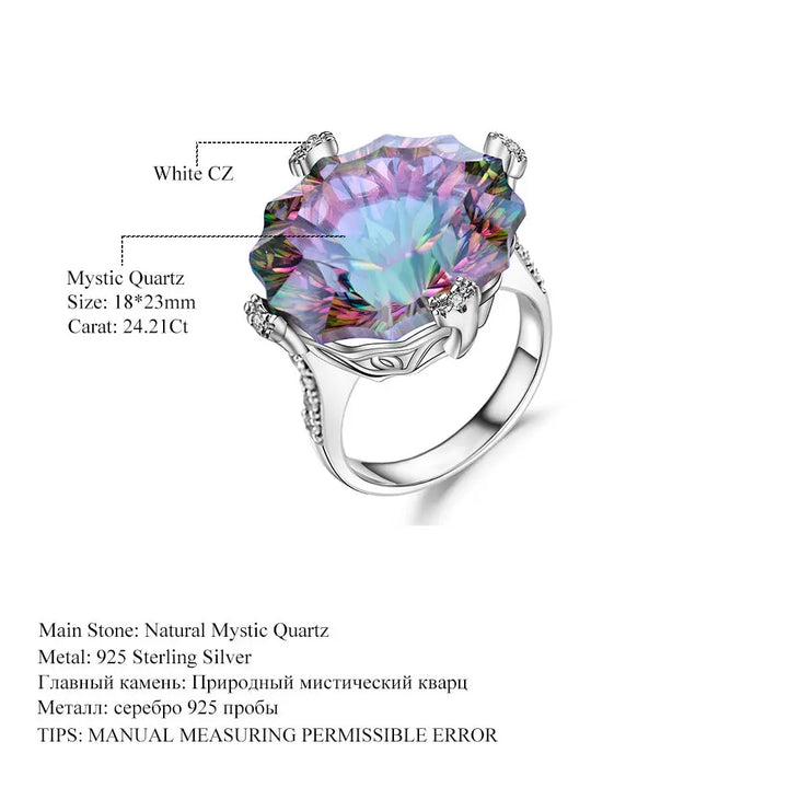 Natural Mystic Quartz Statement Ring â€?24 Carat Rainbow Quartz in 925 Sterling Silver Pearl Unique