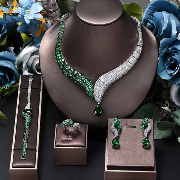 Luxury 4-piece bridal jewelry set in green and silver with 3A cubic zirconia stones â€?necklace, earrings, ring, and bracelet