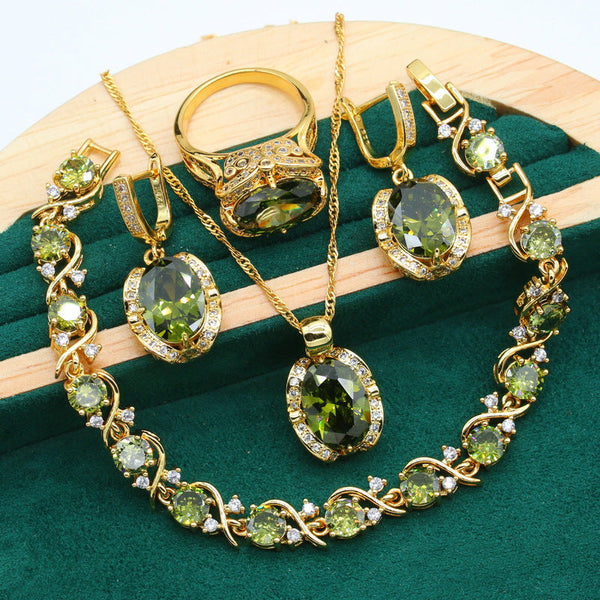 Luxury Green Zirconia Jewelry Set for Women â€?Gold Plated Necklace, Earrings, Bracelet & Ring Pearl Unique