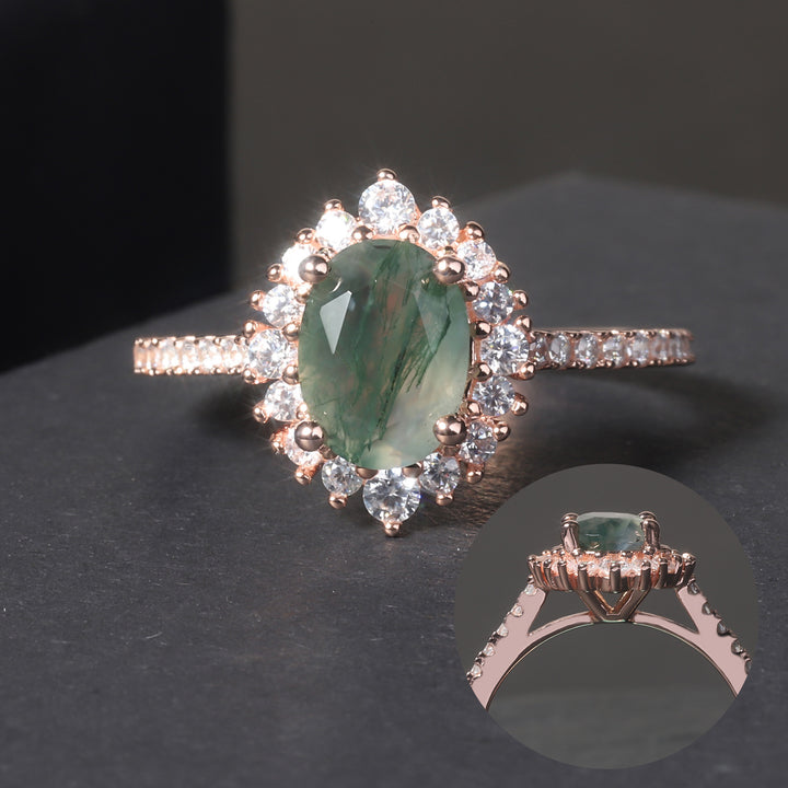 Natural moss agate gemstone ring with halo design in 18K rose gold on S925 silver