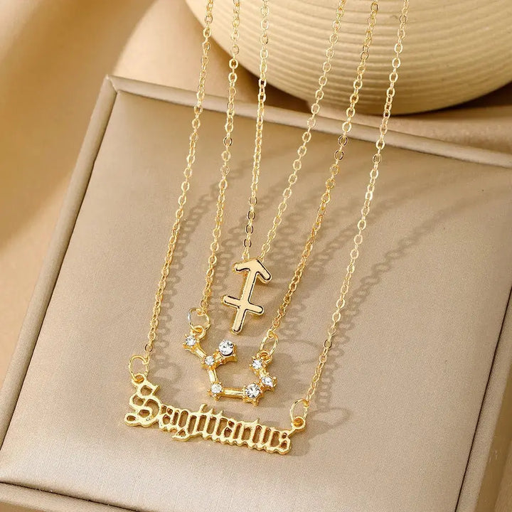 3 - piece Set of 12 Constellations Jewelry Alloy Necklace Women's Multi - layer Gold Diamond Necklace Jewelry - Pearl Unique