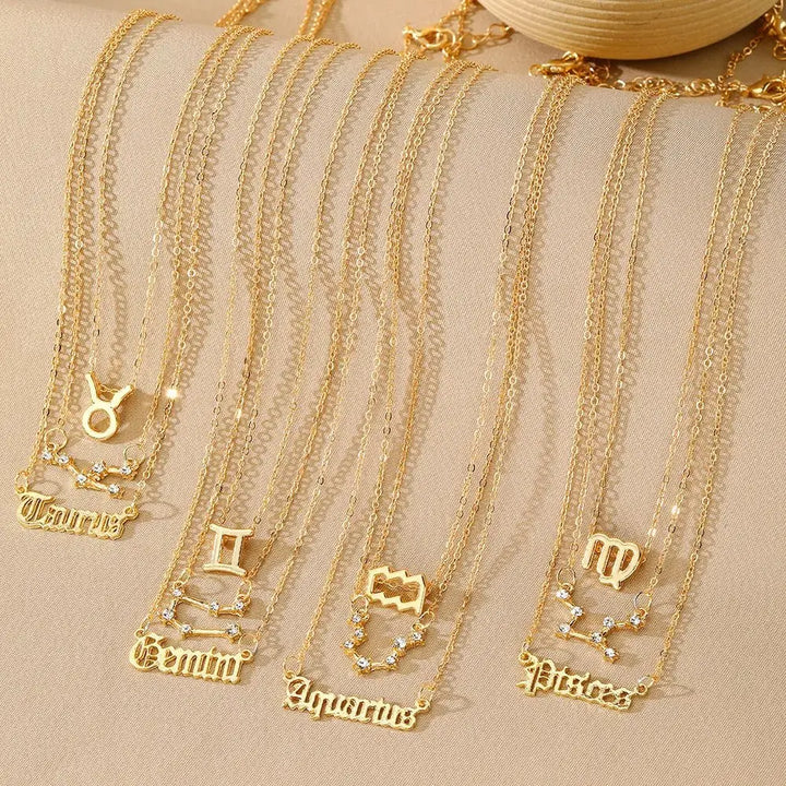 3 - piece Set of 12 Constellations Jewelry Alloy Necklace Women's Multi - layer Gold Diamond Necklace Jewelry - Pearl Unique