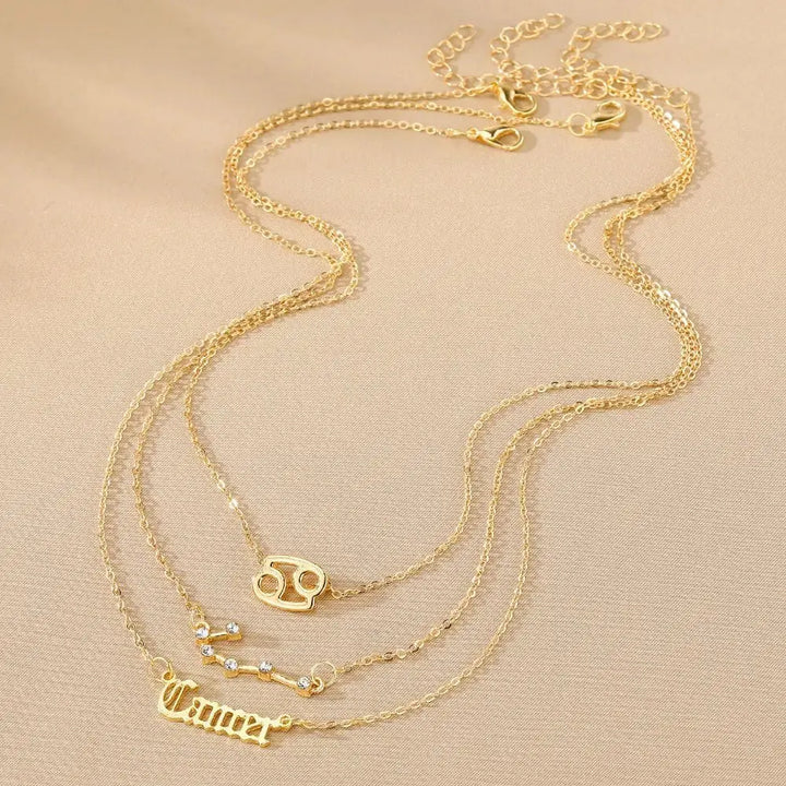 3 - piece Set of 12 Constellations Jewelry Alloy Necklace Women's Multi - layer Gold Diamond Necklace Jewelry - Pearl Unique