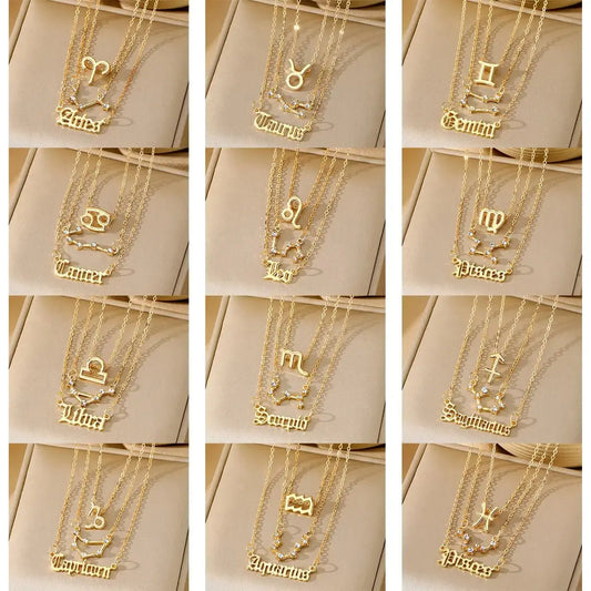 3 - piece Set of 12 Constellations Jewelry Alloy Necklace Women's Multi - layer Gold Diamond Necklace Jewelry - Pearl Unique