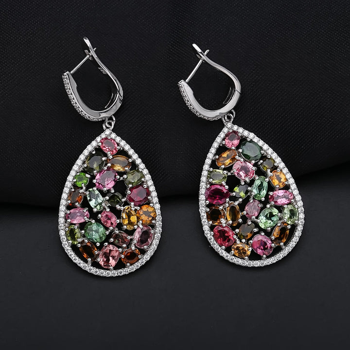 Natural Tourmaline Drop Earrings â€?Multicolor Gemstone 925 Sterling Silver Vintage Teardrop Design Pearl Unique