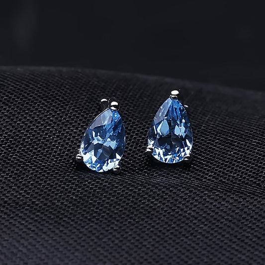 Natural Swiss Blue Topaz Pear Stud Earrings – 925 Sterling Silver Minimalist Gemstone Jewelry Pearl Unique