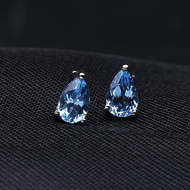 Natural Swiss Blue Topaz Pear Stud Earrings â€?925 Sterling Silver Minimalist Gemstone Jewelry Pearl Unique