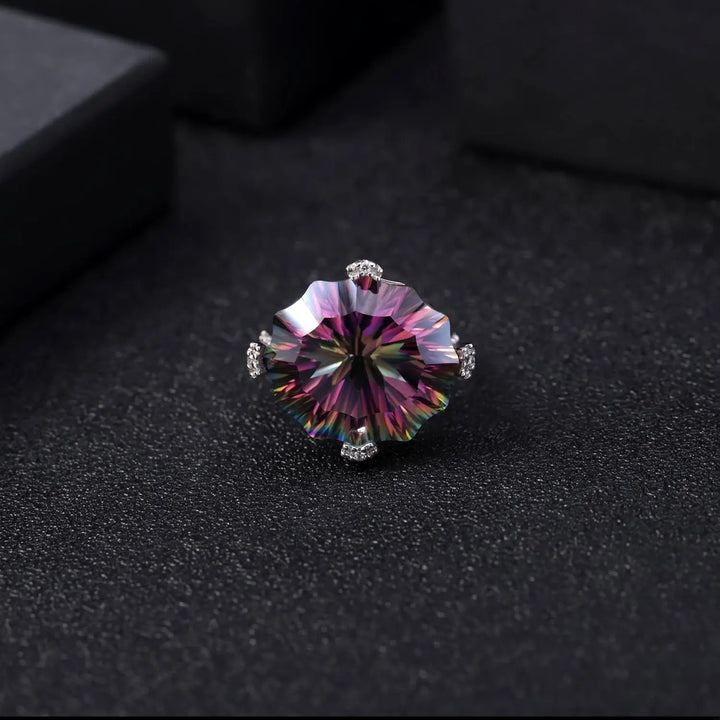 Natural Mystic Quartz Statement Ring â€?24 Carat Rainbow Quartz in 925 Sterling Silver Pearl Unique