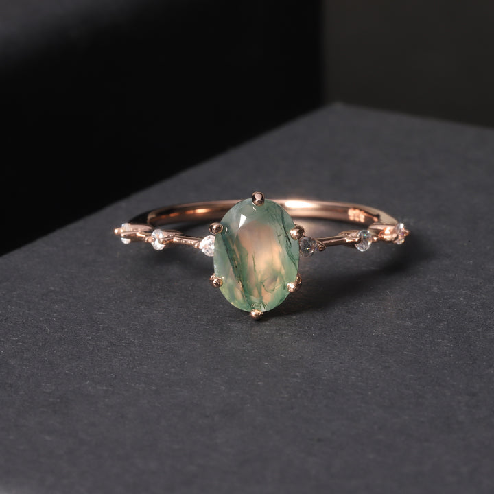 Natural moss agate gemstone ring with halo design in 18K rose gold on S925 silver