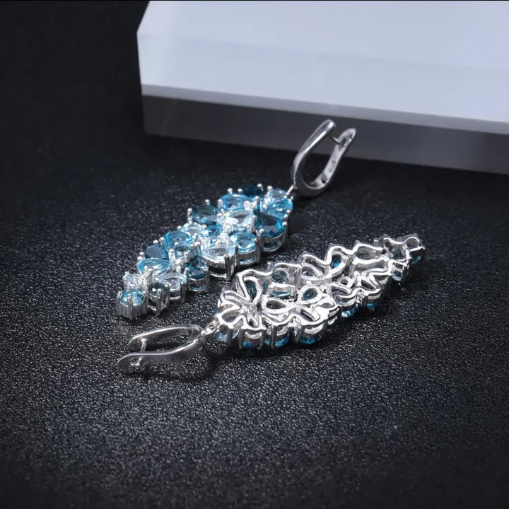 Natural Gemstone Drop Earrings â€?925 Sterling Silver Long Earrings (Blue Topaz / Green Agate / Garnet) Pearl Unique