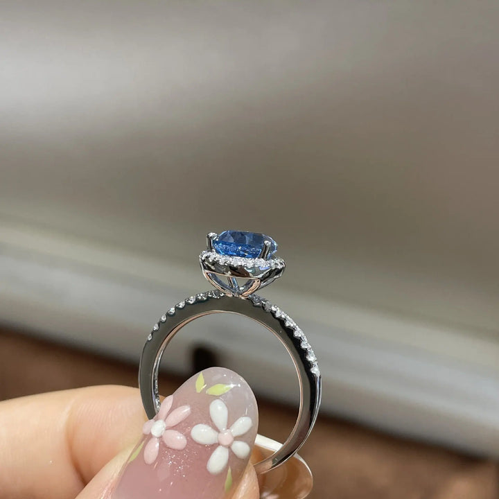ab-Created Blue Sapphire Teardrop Halo Ring â€?Pear Cut Simulated Gemstone Engagement Ring in Sterling Silver Pearl Unique