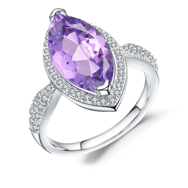 Natural amethyst halo ring with cubic zirconia accents in 925 sterling silver