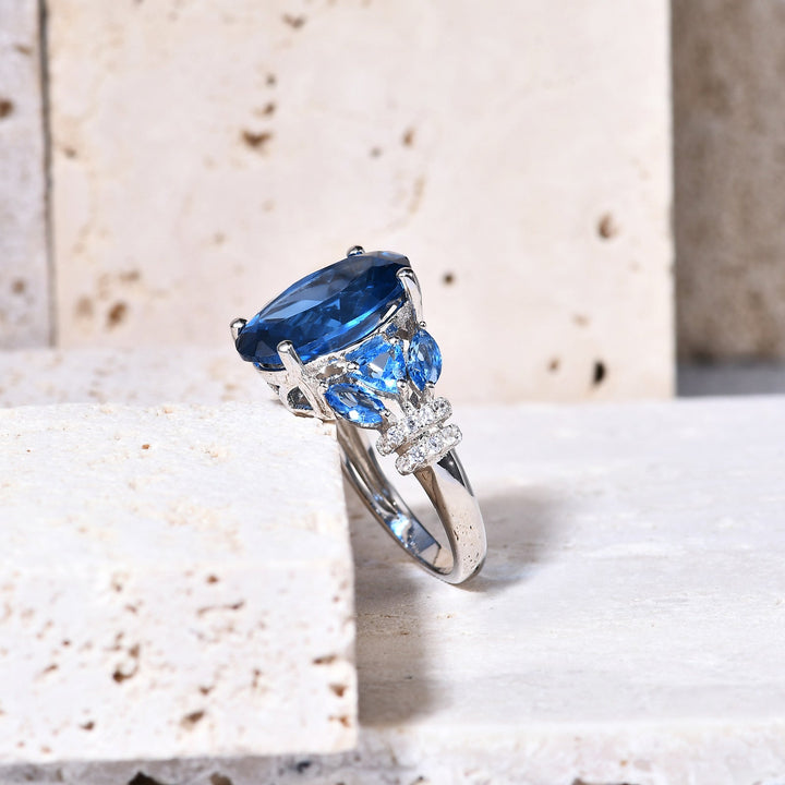 7 Carat Lab Blue Spinel Ring â€?Luxury Oval Gemstone in 925 Sterling Silver Pearl Unique