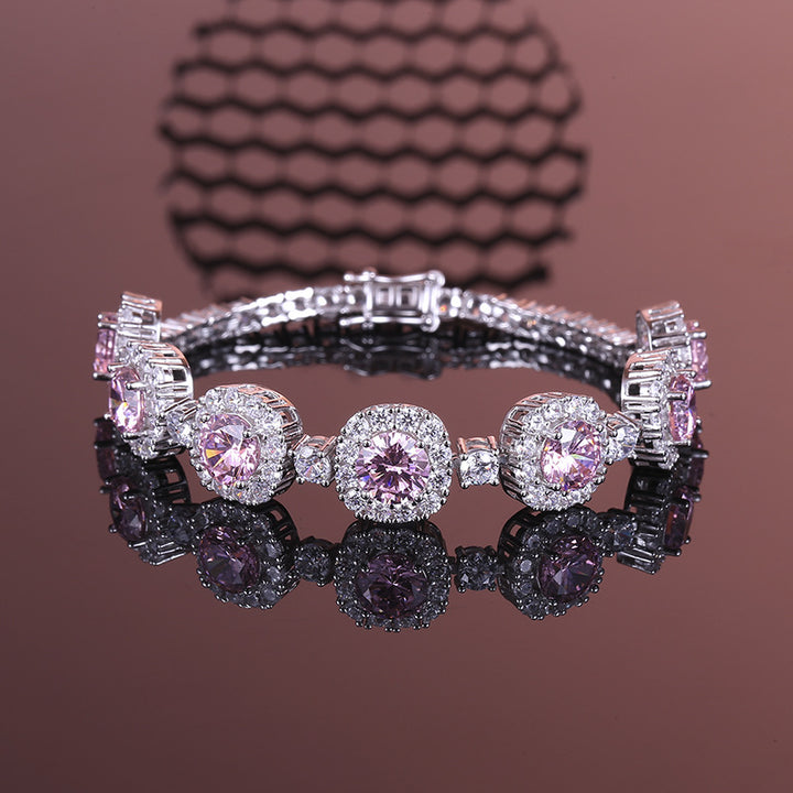 Luxury S925 sterling silver bracelet with pink cubic zirconia and halo setting for women