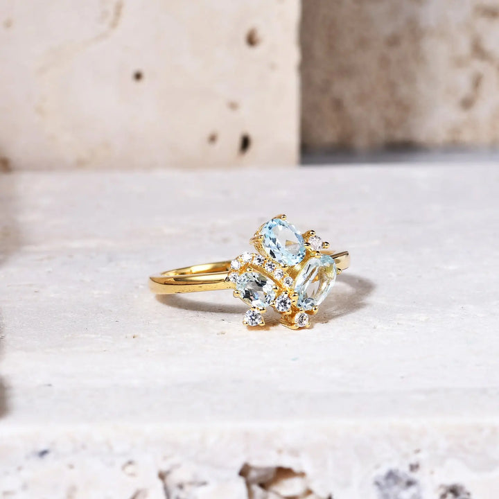 18K Gold Natural Blue Topaz Ring â€?Dainty Gemstone Cluster Ring (9K/10K/14K/18K Options) Pearl Unique