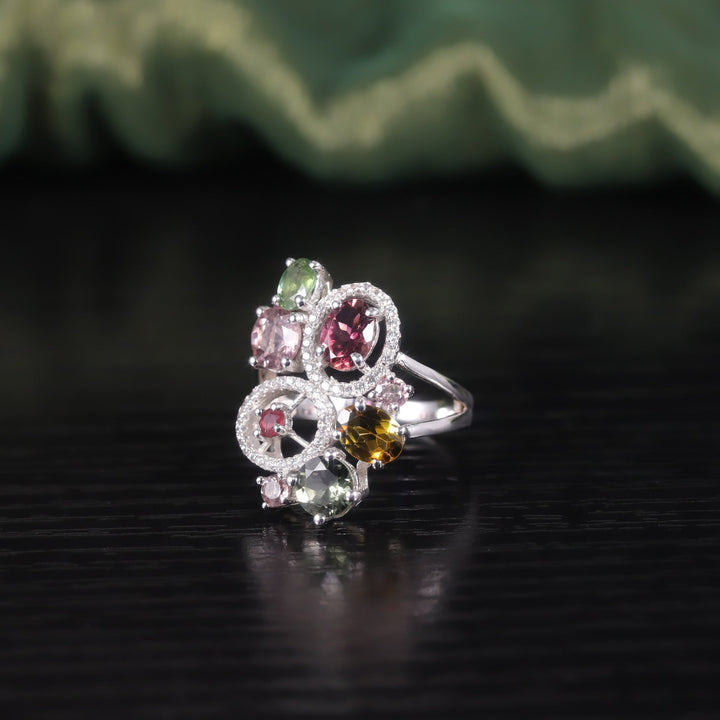 925 Sterling Silver Colorful Bubble Gem Ring â€?Natural Tourmaline Multi-Stone Design Pearl Unique