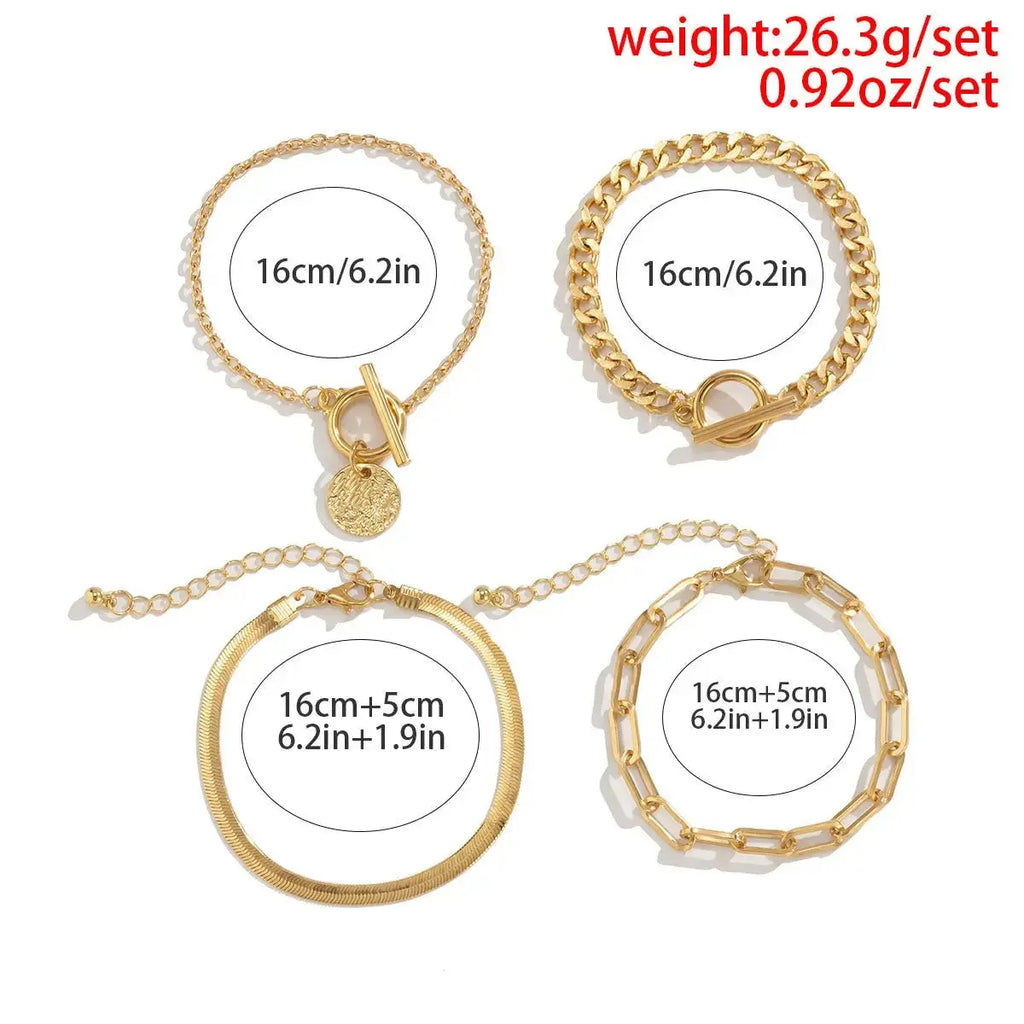 4 Pieces Punk Metal Style Hollow Chain Hip Hop Trend Flat Snake Bone Metal Jewelry Bracelet Set - Pearl Unique