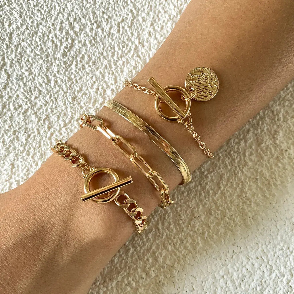 4 Pieces Punk Metal Style Hollow Chain Hip Hop Trend Flat Snake Bone Metal Jewelry Bracelet Set - Pearl Unique