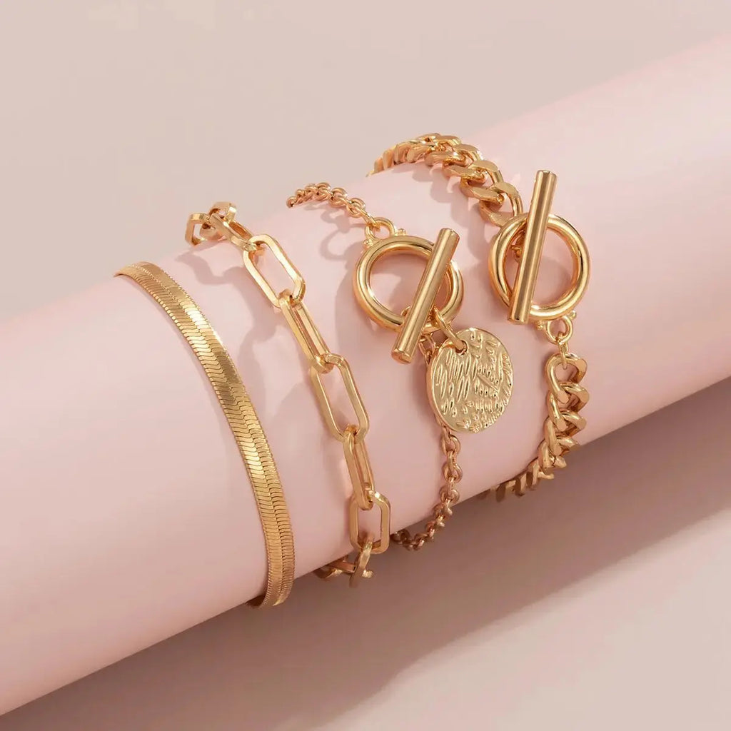4 Pieces Punk Metal Style Hollow Chain Hip Hop Trend Flat Snake Bone Metal Jewelry Bracelet Set - Pearl Unique