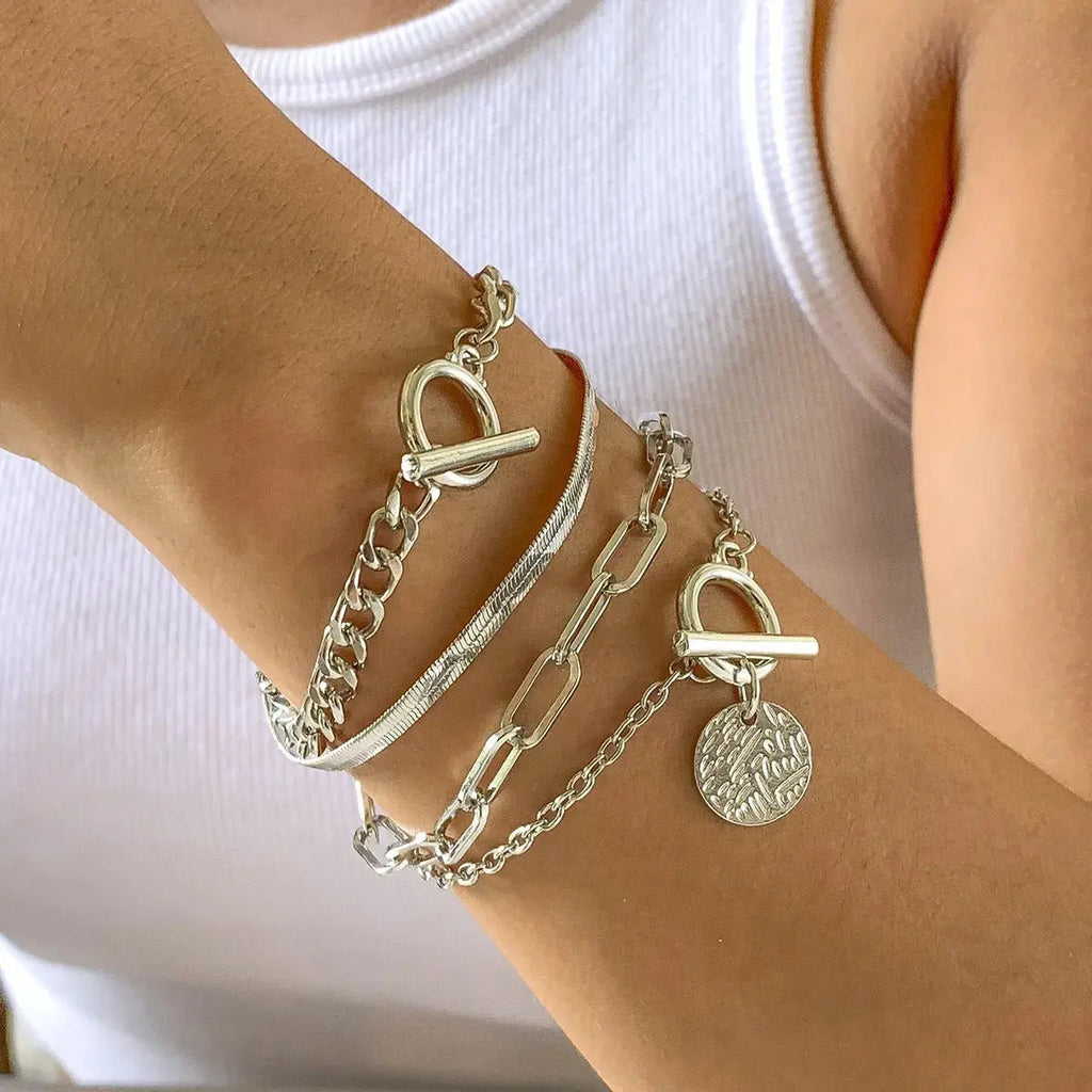 4 Pieces Punk Metal Style Hollow Chain Hip Hop Trend Flat Snake Bone Metal Jewelry Bracelet Set - Pearl Unique