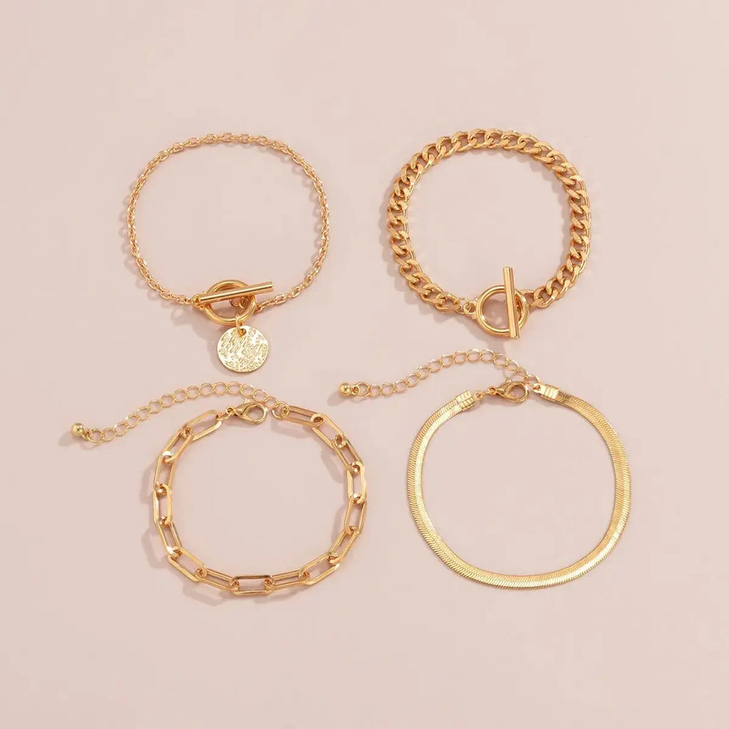 4 Pieces Punk Metal Style Hollow Chain Hip Hop Trend Flat Snake Bone Metal Jewelry Bracelet Set - Pearl Unique