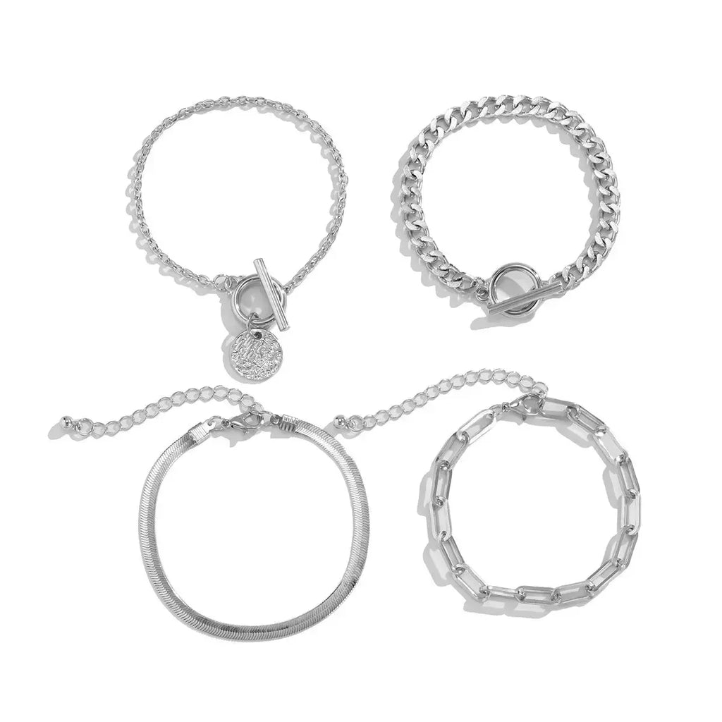4 Pieces Punk Metal Style Hollow Chain Hip Hop Trend Flat Snake Bone Metal Jewelry Bracelet Set - Pearl Unique