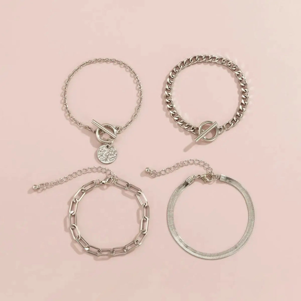 4 Pieces Punk Metal Style Hollow Chain Hip Hop Trend Flat Snake Bone Metal Jewelry Bracelet Set - Pearl Unique