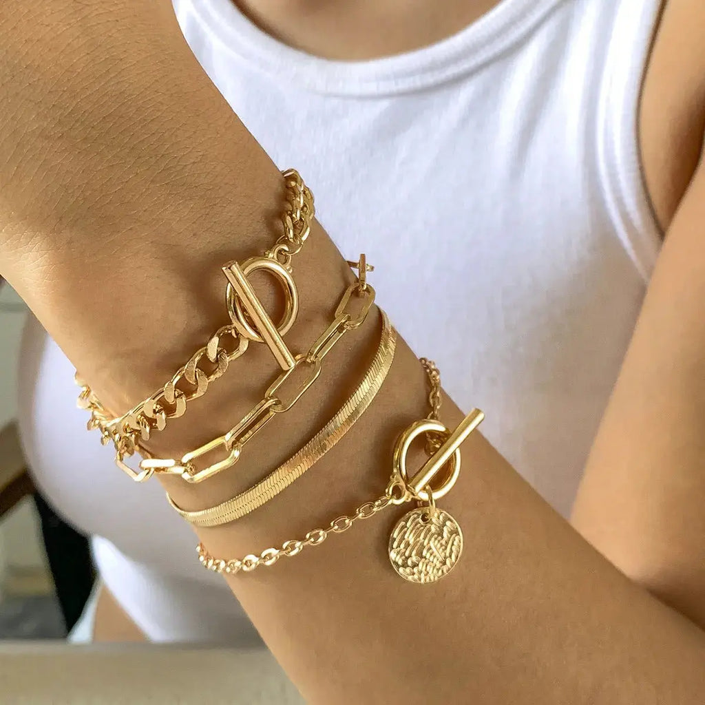 4 Pieces Punk Metal Style Hollow Chain Hip Hop Trend Flat Snake Bone Metal Jewelry Bracelet Set - Pearl Unique