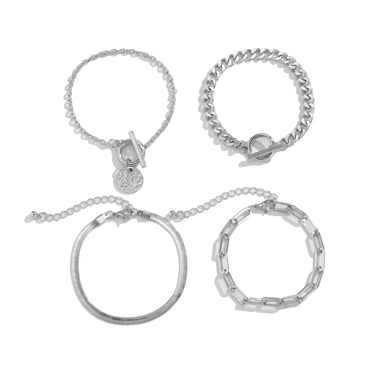 4 Pieces Punk Metal Style Hollow Chain Hip Hop Trend Flat Snake Bone Metal Jewelry Bracelet Set - Pearl Unique