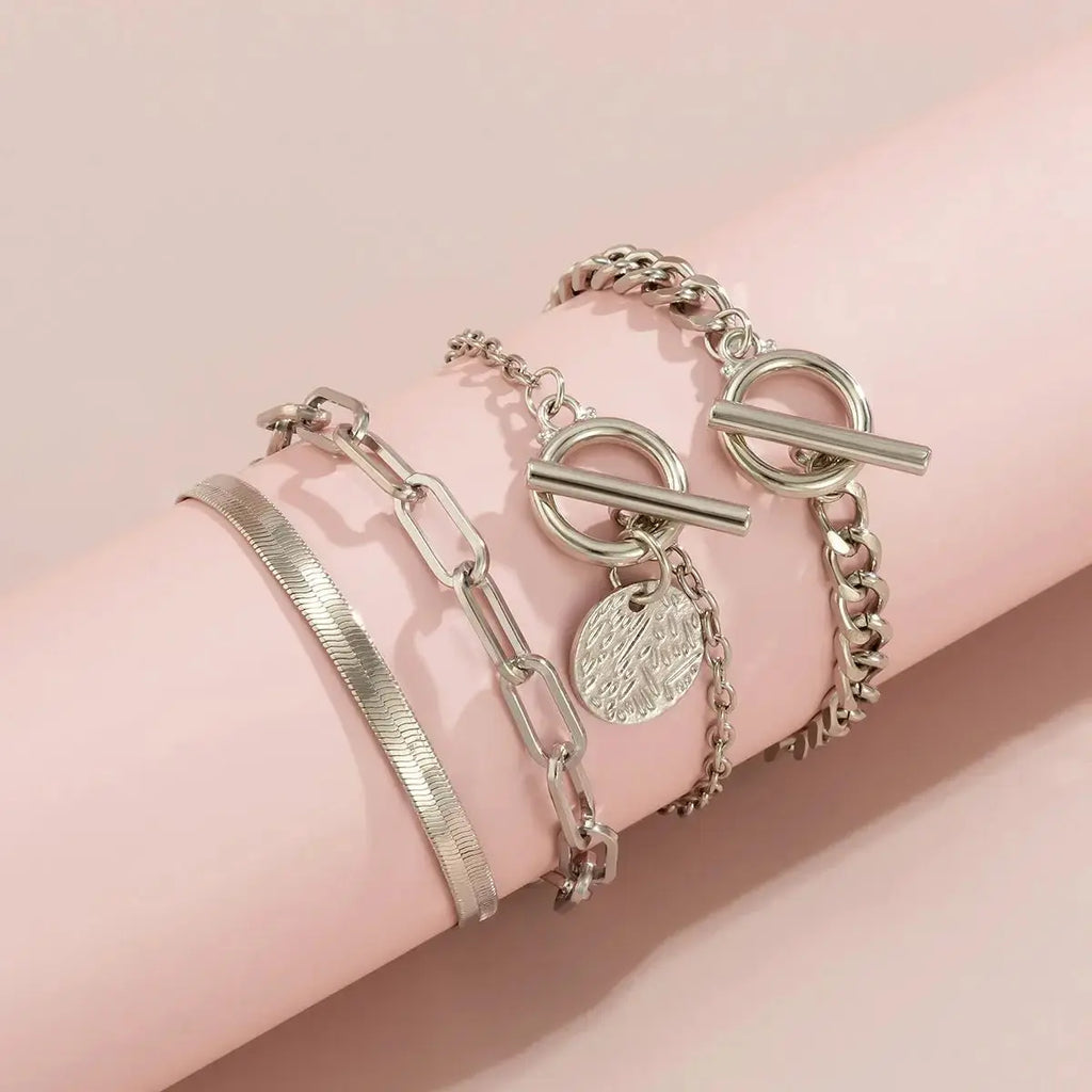 4 Pieces Punk Metal Style Hollow Chain Hip Hop Trend Flat Snake Bone Metal Jewelry Bracelet Set - Pearl Unique