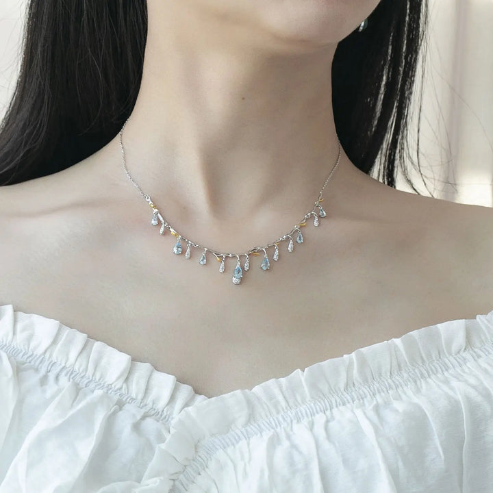 Natural Sky Blue Topaz & CZ Drop Necklace â€?Sterling Silver with Gold Accents Pearl Unique