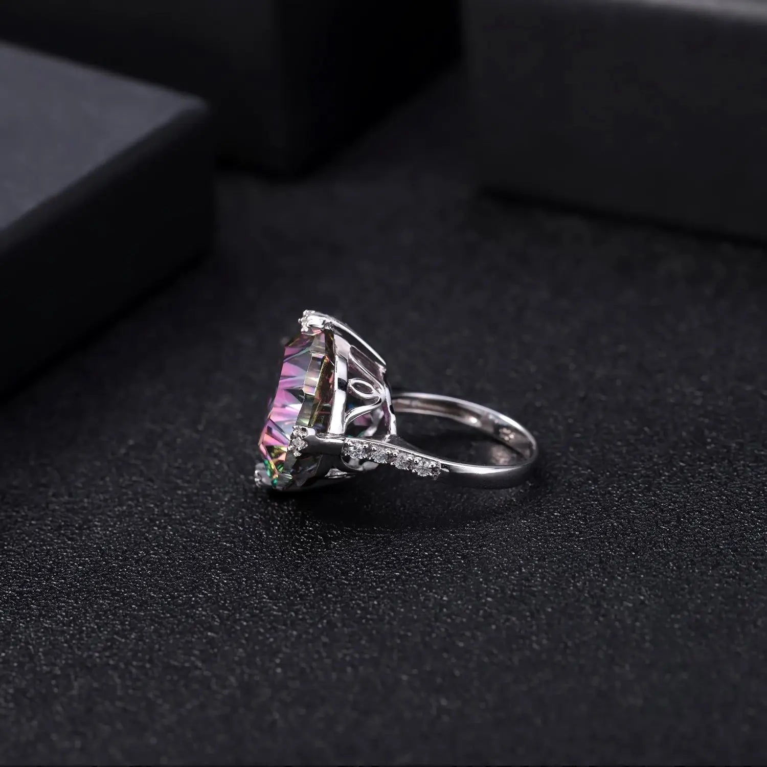 Natural Mystic Quartz Statement Ring – 24 Carat Rainbow Quartz in 925 Sterling Silver Pearl Unique