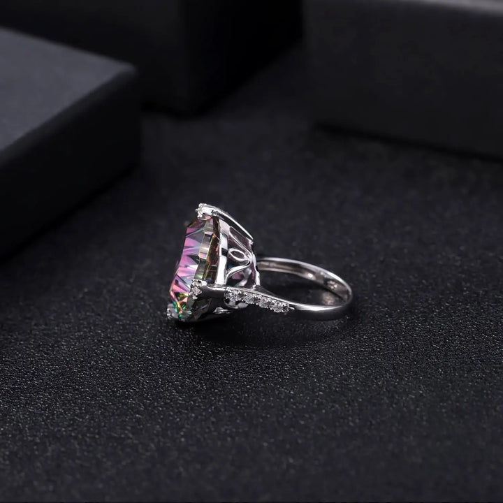 Natural Mystic Quartz Statement Ring â€?24 Carat Rainbow Quartz in 925 Sterling Silver Pearl Unique