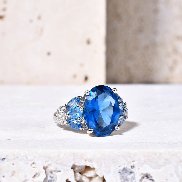 7 Carat Lab Blue Spinel Ring â€?Luxury Oval Gemstone in 925 Sterling Silver Pearl Unique