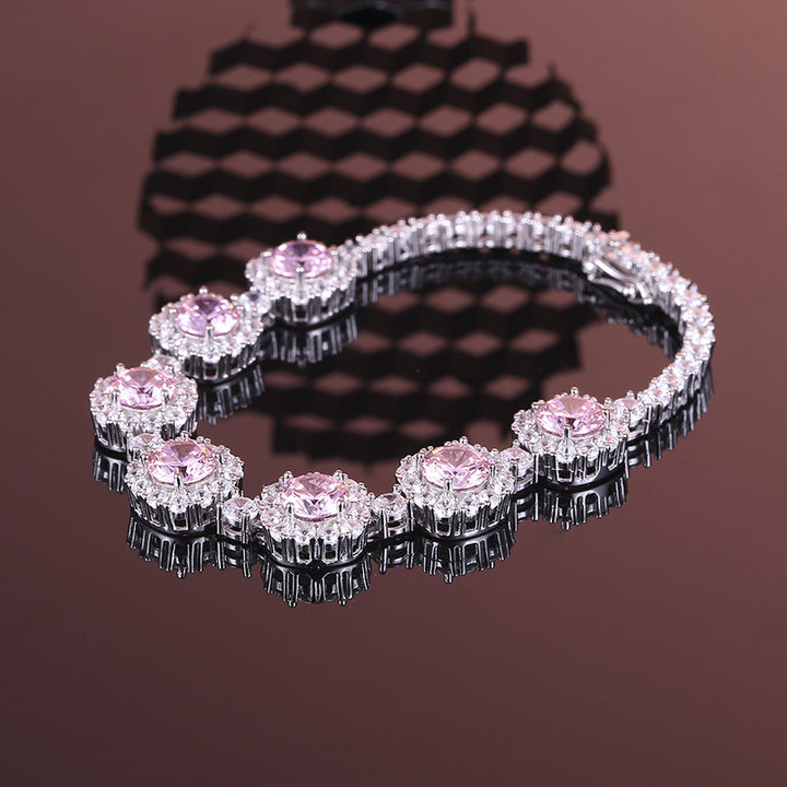 Luxury S925 sterling silver bracelet with pink cubic zirconia and halo setting for women