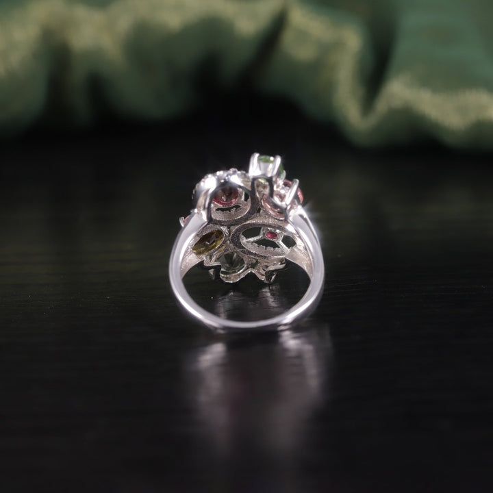 925 Sterling Silver Colorful Bubble Gem Ring â€?Natural Tourmaline Multi-Stone Design Pearl Unique