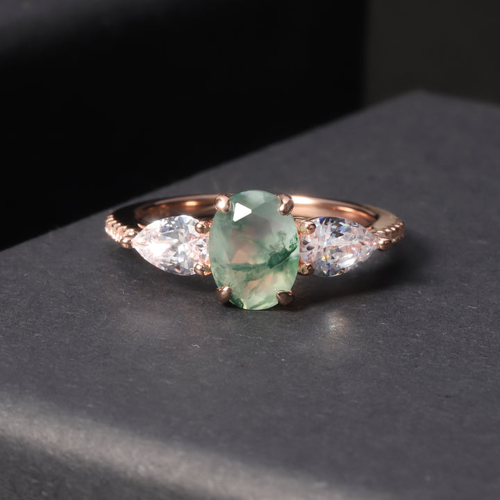 Natural moss agate gemstone ring with halo design in 18K rose gold on S925 silver