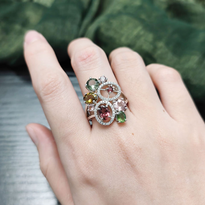 925 Sterling Silver Colorful Bubble Gem Ring â€?Natural Tourmaline Multi-Stone Design Pearl Unique
