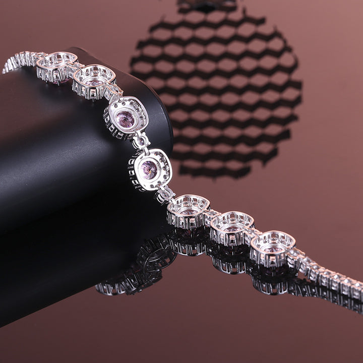 Luxury S925 sterling silver bracelet with pink cubic zirconia and halo setting for women