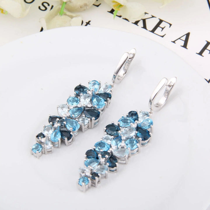 Natural Gemstone Drop Earrings â€?925 Sterling Silver Long Earrings (Blue Topaz / Green Agate / Garnet) Pearl Unique