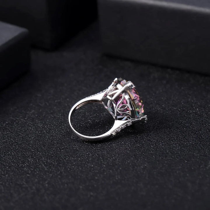 Natural Mystic Quartz Statement Ring â€?24 Carat Rainbow Quartz in 925 Sterling Silver Pearl Unique