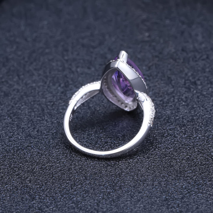 Close-up of marquise cut 4.34 carat natural amethyst gemstone ring
