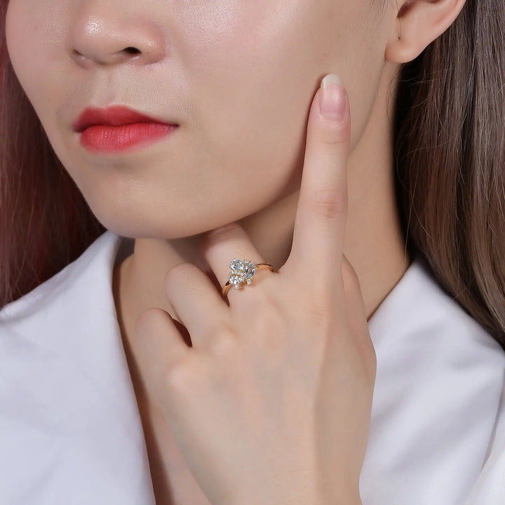 18K Gold Natural Blue Topaz Ring â€?Dainty Gemstone Cluster Ring (9K/10K/14K/18K Options) Pearl Unique