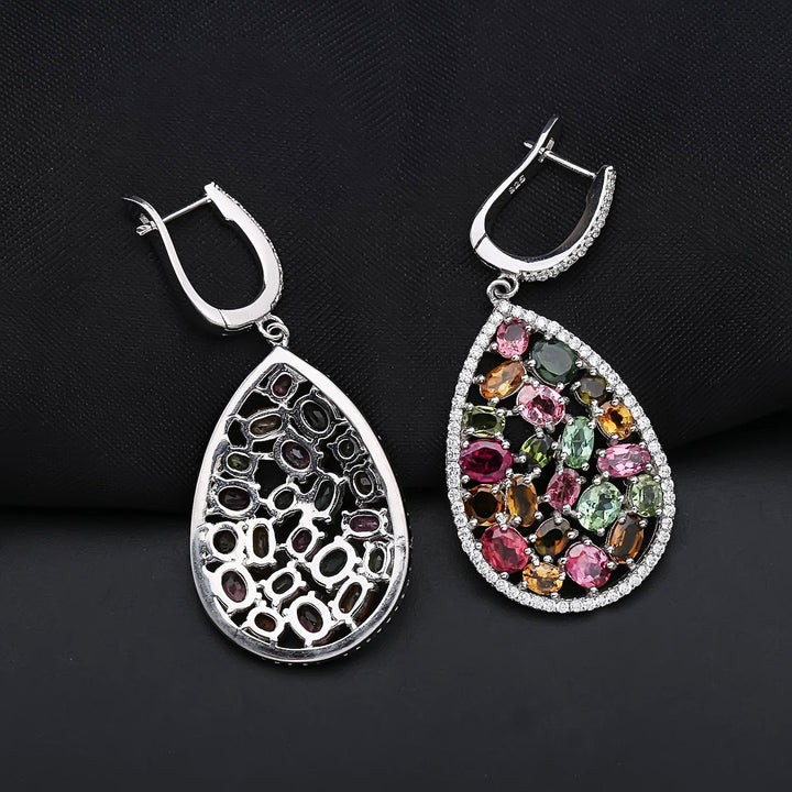 Natural Tourmaline Drop Earrings â€?Multicolor Gemstone 925 Sterling Silver Vintage Teardrop Design Pearl Unique