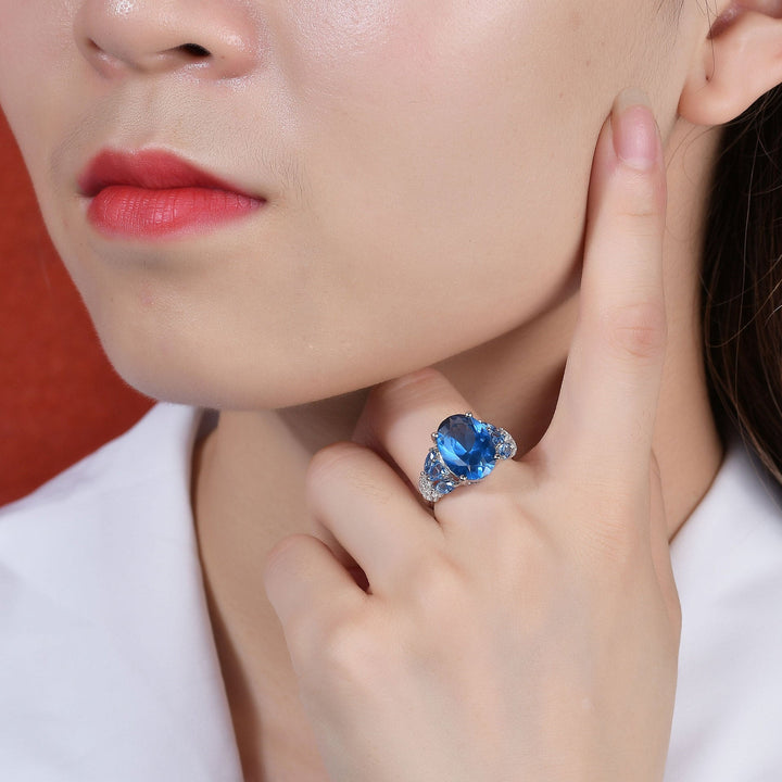 7 Carat Lab Blue Spinel Ring â€?Luxury Oval Gemstone in 925 Sterling Silver Pearl Unique