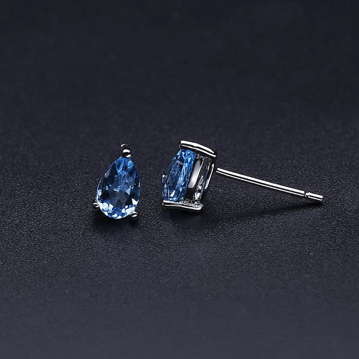 Natural Swiss Blue Topaz Pear Stud Earrings â€?925 Sterling Silver Minimalist Gemstone Jewelry Pearl Unique
