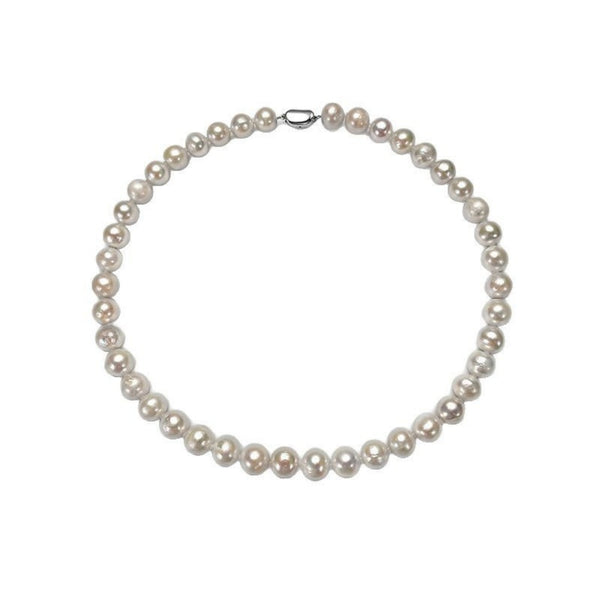 Natural freshwater pearl necklace featuring 10mm round pearls and a silver yuanbao clasp, styled in a full circle on a white background.